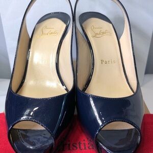 Christian Louboutin 36.5 Navy Peep-Toe Women's Shoes